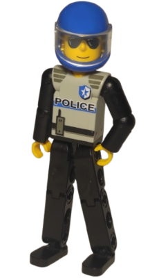 Technic Figure Black Legs, Light Gray Top with Police Pattern, Black Arms, Blue Helmet