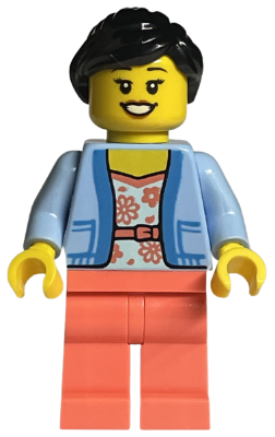 LEGO Store Customer - Female, Bright Light Blue Jacket over White Shirt with Coral Flowers, Coral Legs, Black Ponytail