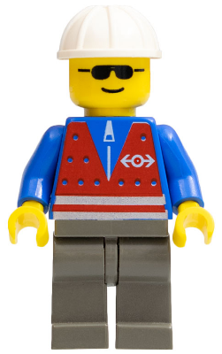 Red Vest and Zipper - Dark Gray Legs, White Construction Helmet, Sunglasses