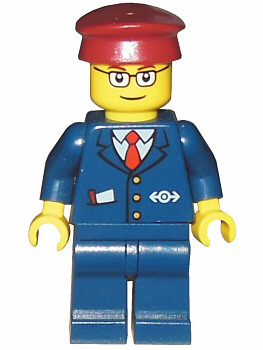 Dark Blue Suit with Train Logo, Dark Blue Legs, Dark Red Hat, Rectangular Glasses - Passenger Train Engineer
