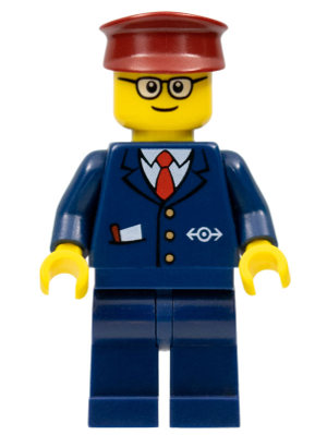 Dark Blue Suit with Train Logo, Dark Blue Legs, Dark Red Hat, Rounded Glasses - Tram Driver