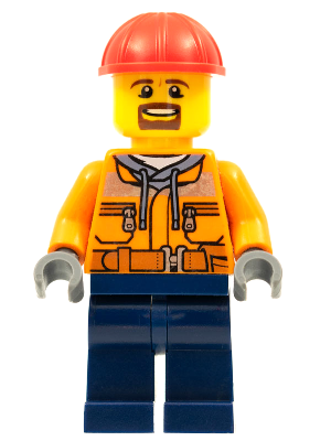 Forklift Driver - Male, Orange Safety Jacket, Reflective Stripe, Sand Blue Hoodie, Dark Blue Legs, Red Construction Helmet, Goatee