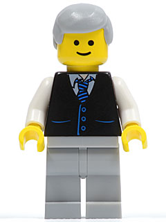 Black Vest with Blue Striped Tie, Light Bluish Gray Legs, White Arms, Light Bluish Gray Male Hair, Smile