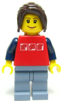 Red Shirt with 3 Silver Logos, Dark Blue Arms, Sand Blue Legs, Dark Brown Hair Ponytail Long with Side Bangs