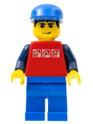 Red Shirt with 3 Silver Logos, Dark Blue Arms, Blue Legs, Blue Cap