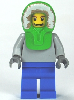 Plain Light Bluish Gray Torso, Blue Legs, Bright Green Hood
