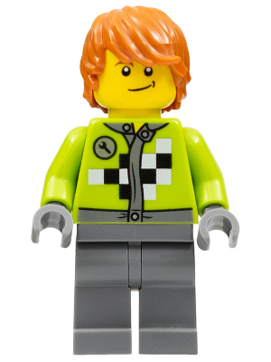 Lime Jacket with Wrench and Black and White Checkered Pattern, Dark Bluish Gray Legs, Dark Orange Hair, Crooked Smile