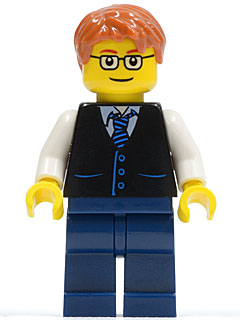 Black Vest with Blue Striped Tie, Dark Blue Legs, White Arms, Dark Orange Short Tousled Hair, Rectangular Glasses