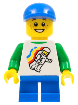 Classic Space Minifigure Floating Pattern, Blue Short Legs, Blue Short Bill Cap