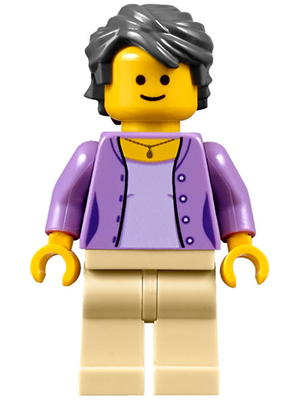 Florist - Female, Medium Lavender Jacket on Lavender Shirt, Tan Legs, Dark Bluish Gray Hair Swept Back Tousled