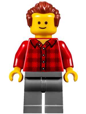 Music Store Assistant - Male, Red Plaid Flannel Shirt, Dark Bluish Gray Legs, Reddish Brown Hair