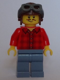 Red Plaid Flannel Shirt, Sand Blue Legs, Aviator Cap