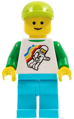 Classic Space Minifigure Floating Pattern, Medium Azure Legs, Lime Short Bill Cap, Standard Grin