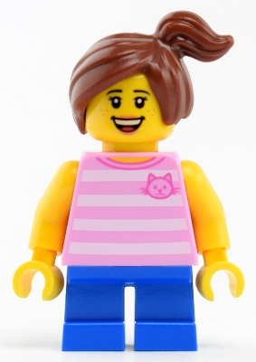 Child - Girl, Bright Pink Striped Shirt with Cat Head, Blue Short Legs, Reddish Off-center Ponytail, Freckles