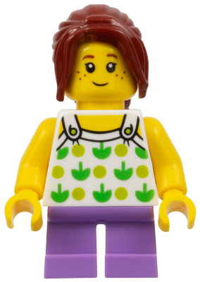 Child - Girl, White Halter Top with Green Apples and Lime Spots, Medium Lavender Short Legs, Dark Red Ponytail, Freckles