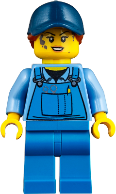 Mechanic - Female, Blue Overalls over Medium Blue Shirt, Blue Legs, Dark Blue Cap with Dark Orange Ponytail, No Back Print