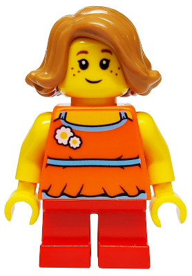 Child - Girl, Orange Halter Top with Flowers and High Back, Red Short Legs, Medium Nougat Hair, Freckles