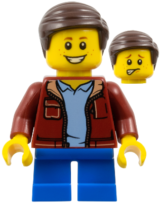 Child - Boy, Dark Red Jacket, Blue Short Legs, Dark Brown Hair, Freckles