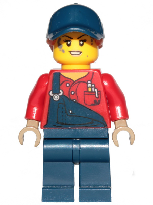 Female Mechanic with Dark Blue Overalls and Legs, Dark Orange Ponytail with Dark Blue Ball Cap
