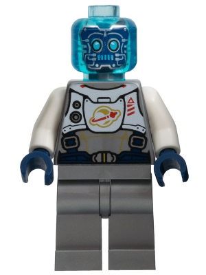 Cyber Drone Robot - Flat Silver Spacesuit with Harness and White Panel with Classic Space Logo, Trans-Light Blue Head