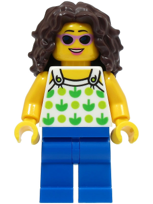 Beach Tourist - Female, White Halter Top with Green Apples and Lime Spots, Blue Legs, Dark Brown Long Tousled Hair, Sunglasses