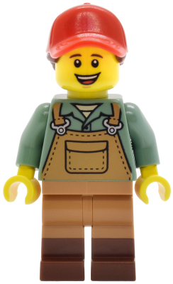 Gardener - Female, Medium Nougat Overalls over Sand Green Shirt, Reddish Brown Boots, Red Ball Cap with Reddish Brown Ponytail