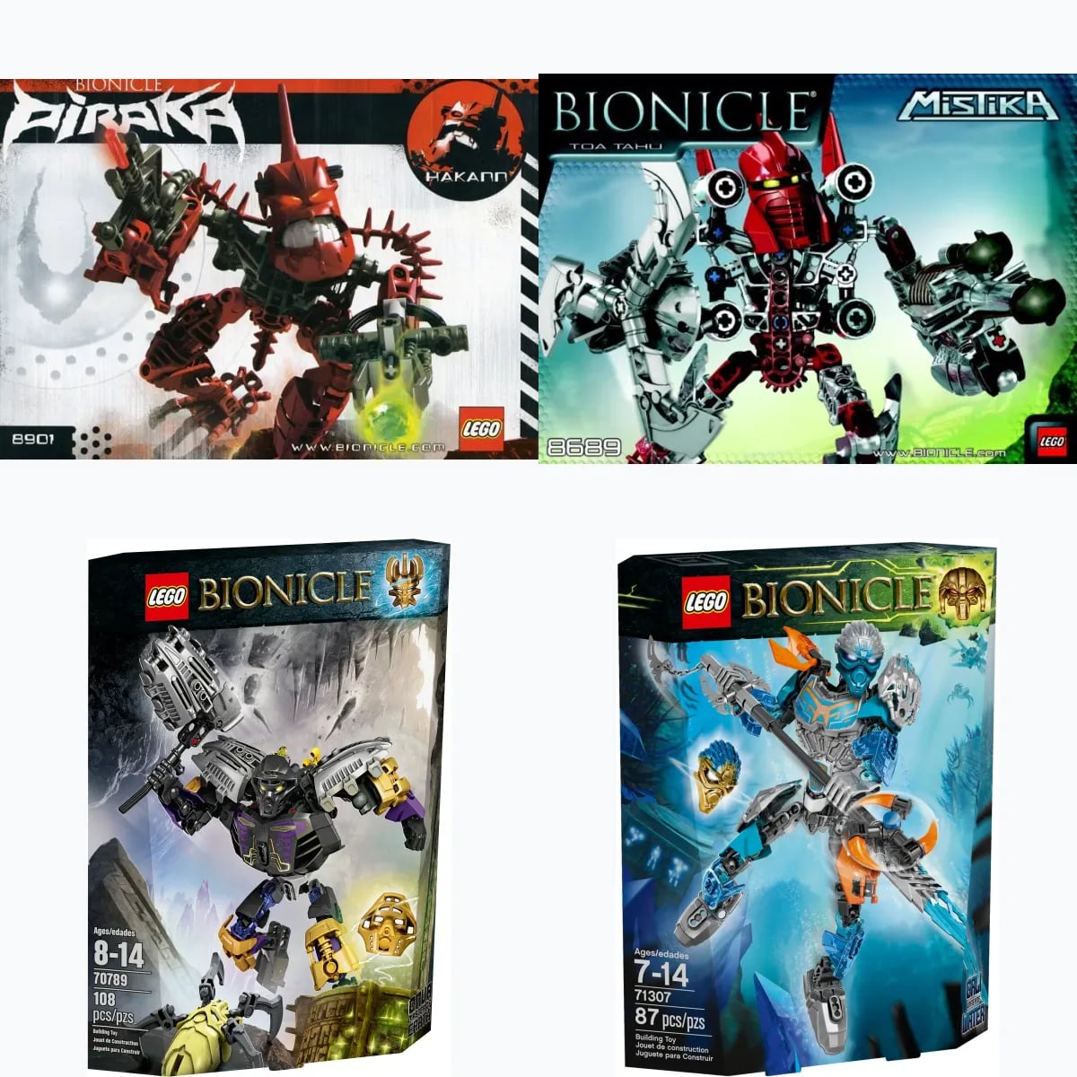 Zestawy LEGO Bionicle z różnych er: Hakann, Toa Tahu Mistika, Onua Władca Ziemi i Gali zjednoczycielka wody