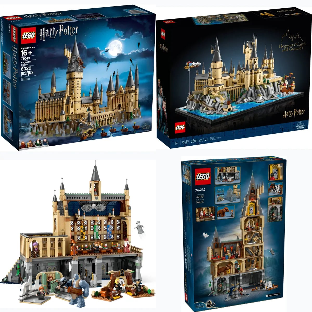 Cztery flagowe zestawy LEGO Harry Potter złożone w jeden zamek Hogwart, 71043, 76419, 76435 i 76454