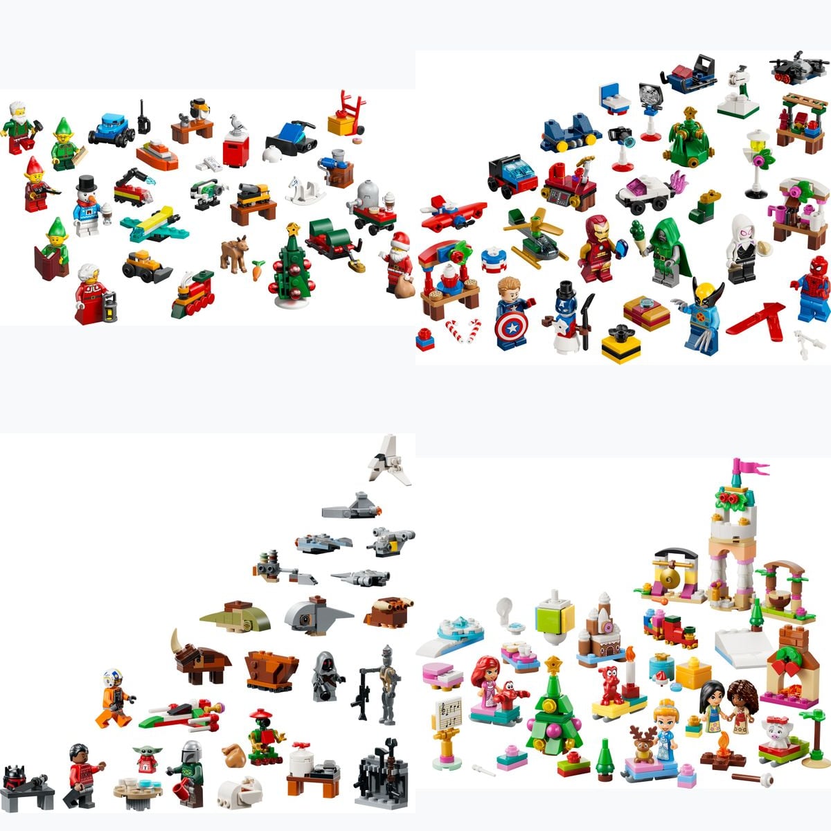 Kolaż czterech kalendarzy adwentowych LEGO 2026: City, Marvel, Star Wars i Disney