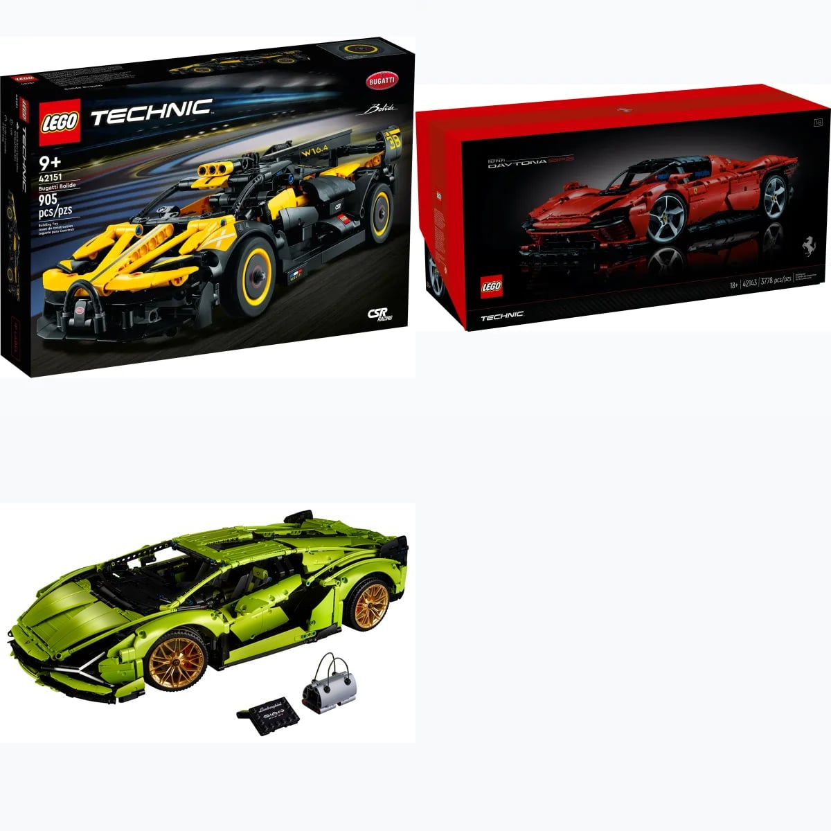 Trzy zestawy LEGO Technic z różną ceną za element: Bugatti Bolide, Ferrari Daytona SP3 i Lamborghini Sián