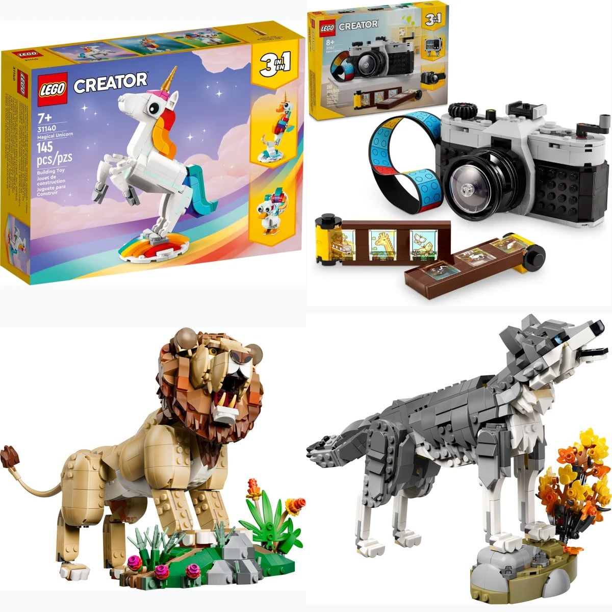 LEGO Creator 3 w 1: jednorożec, aparat retro, lew i wilk